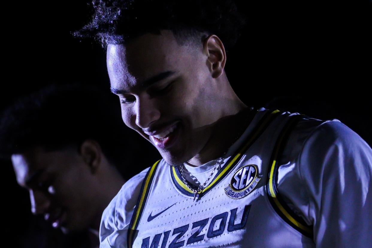 Missouri guard John Tonje smiles during Mizzou Madness in the Francis Quadtriangle on Oct. 6, 2023, in Columbia, Mo.