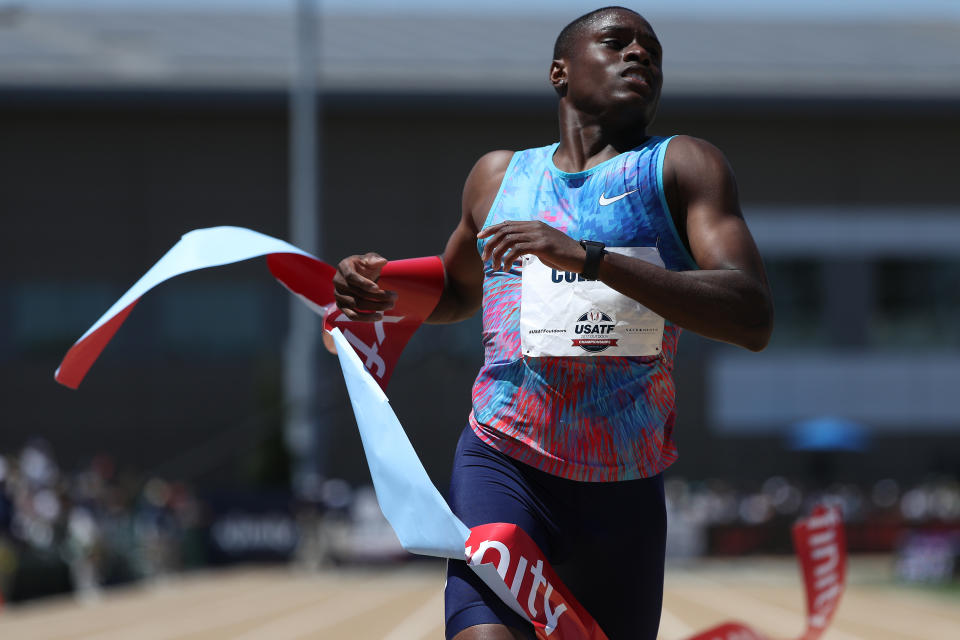 SACRAMENTO, CA - JUNE 25: Christian Coleman finishes in second place in the Men's 200m Final during Day 4 of the 2017 USA Track & Field Outdoor Championships at Hornet Stadium on June 25, 2017 in Sacramento, California. (Photo by Patrick Smith/Getty Images)