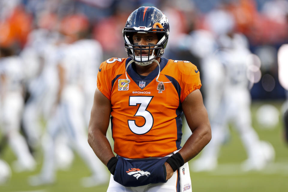 Denver Broncos quarterback Russell Wilson (3) is nursing a shoulder injury on his throwing arm, which was sustained in Week 4 against the Las Vegas Raiders. (Photo by Brandon Sloter/Icon Sportswire via Getty Images)