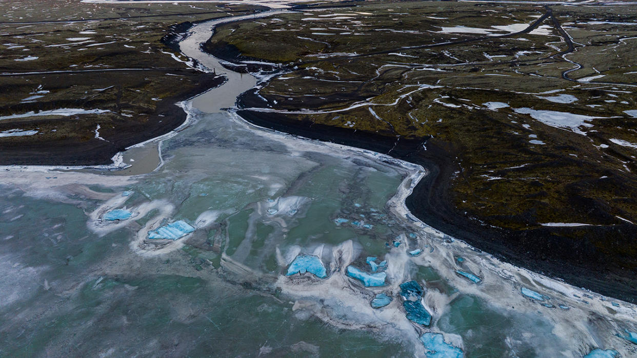 A drone view of the Fjallsárlón glacier lagoon in Iceland.