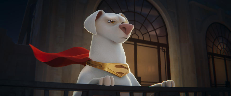 This image released by Warner Bros Pictures shows Krypto, voiced by Dwayne Johnson, in a scene from "DC League of Super Pets." (Warner Bros. Pictures via AP)