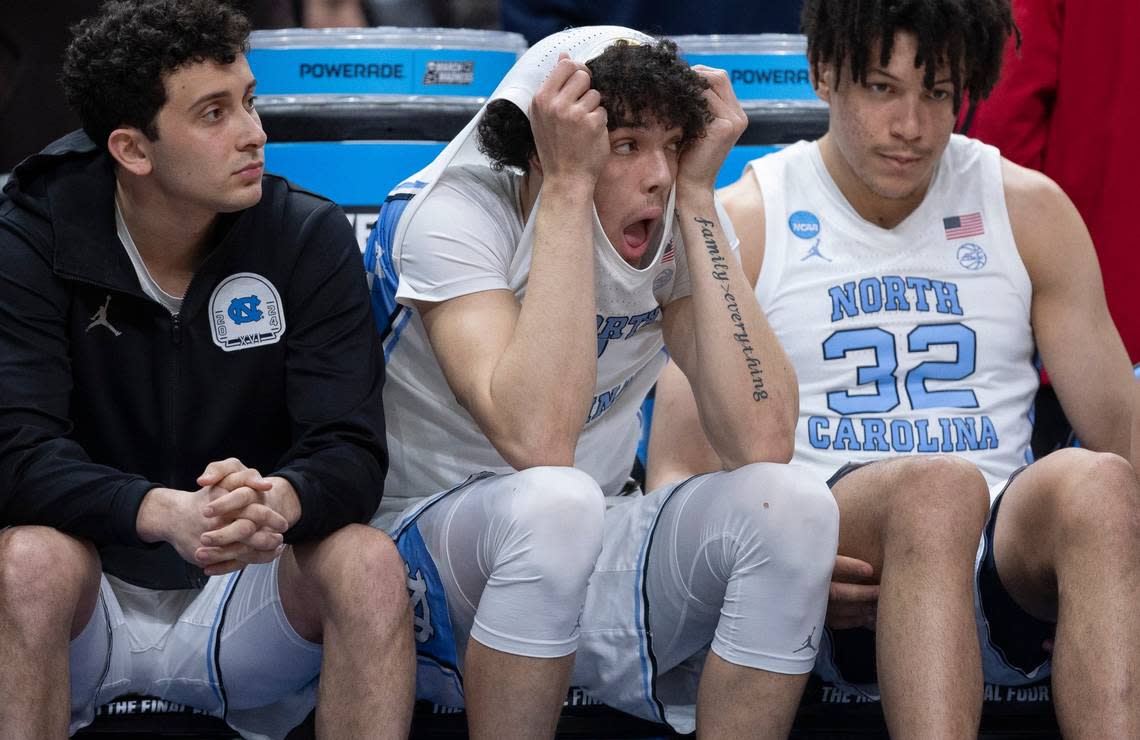 North Carolina’s Zayden High (1) covers his head as Alabama defeats North Carolina 89-87 in the NCAA Sweet Sixteen on Thursday, March 28, 2024 at Crypto.com Arena in Los Angeles, CA.