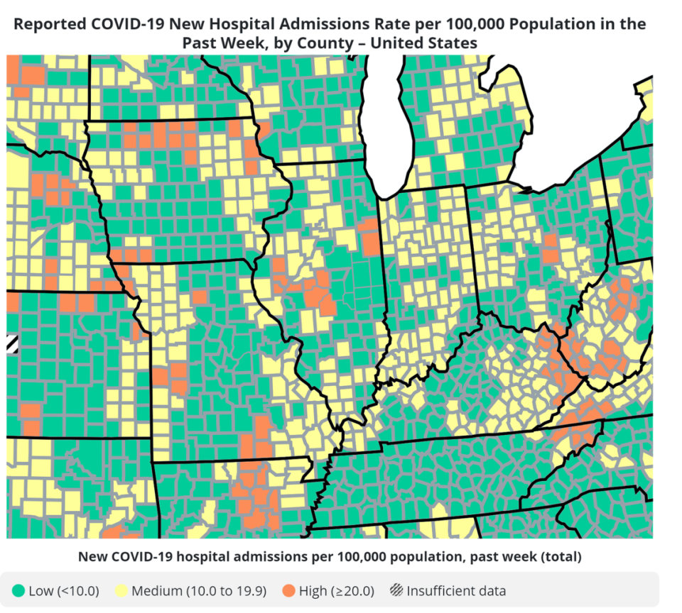 The U.S. Centers for Disease Control and Prevention reports 51 Illinois counties are at medium or high COVID-19 hospitalization levels. U.S. Centers for Disease Control and Prevention