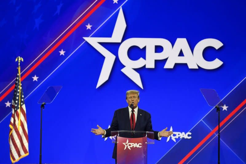 Former President Donald Trump speaks at the 2024 Conservative Political Action Conference in February at National Harbor, Md. On Tuesday, a Republican political action committee said they are investing $50 million in six swing states to defeat Trump. File Photo by Mike Theiler/UPI