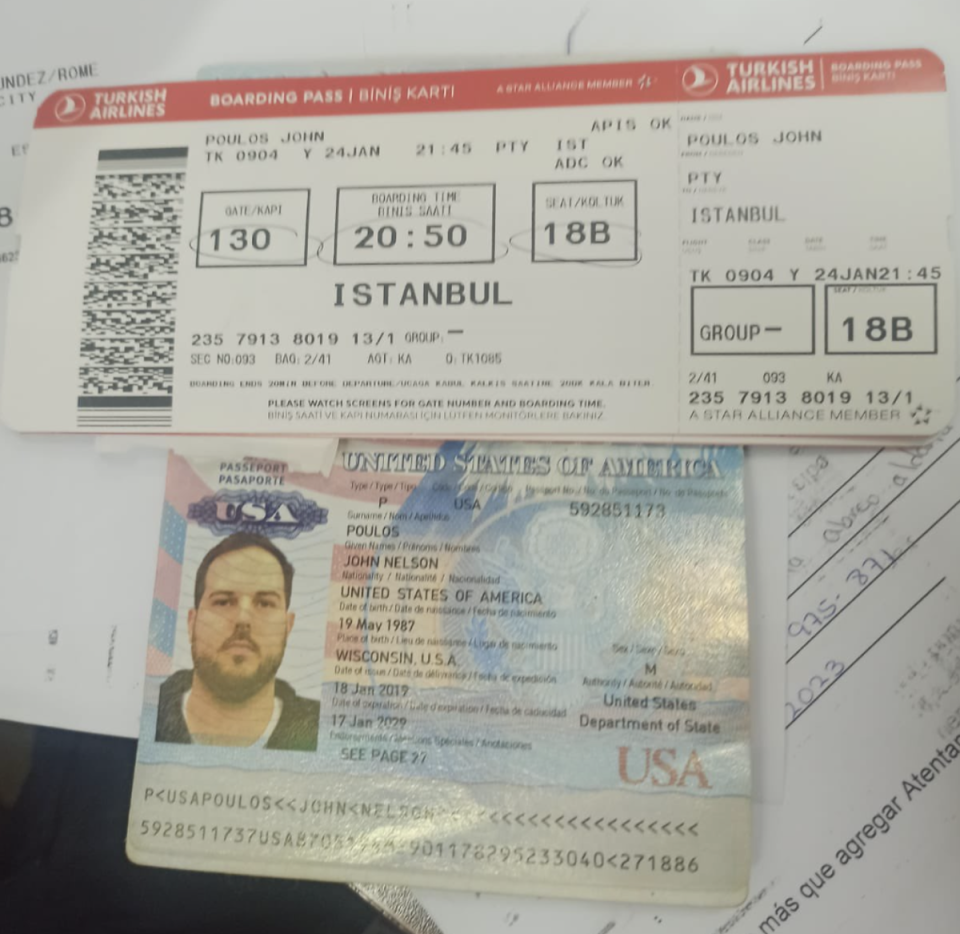 Authorities in Panama released images of John Poulos’ US passport and plane tickets to Turkey (Panama Policia Nacional)