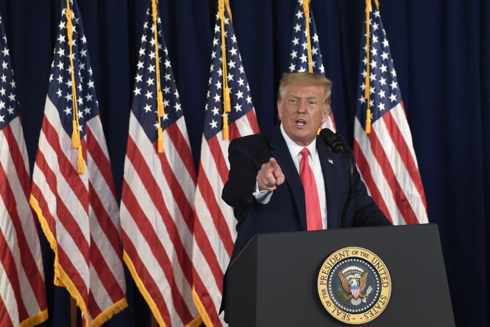 President Donald Trump speaks during a news conference at the Trump National Golf Club in Bedminster, N.J., Saturday, Aug. 8, 2020. (AP Photo/Susan Walsh)