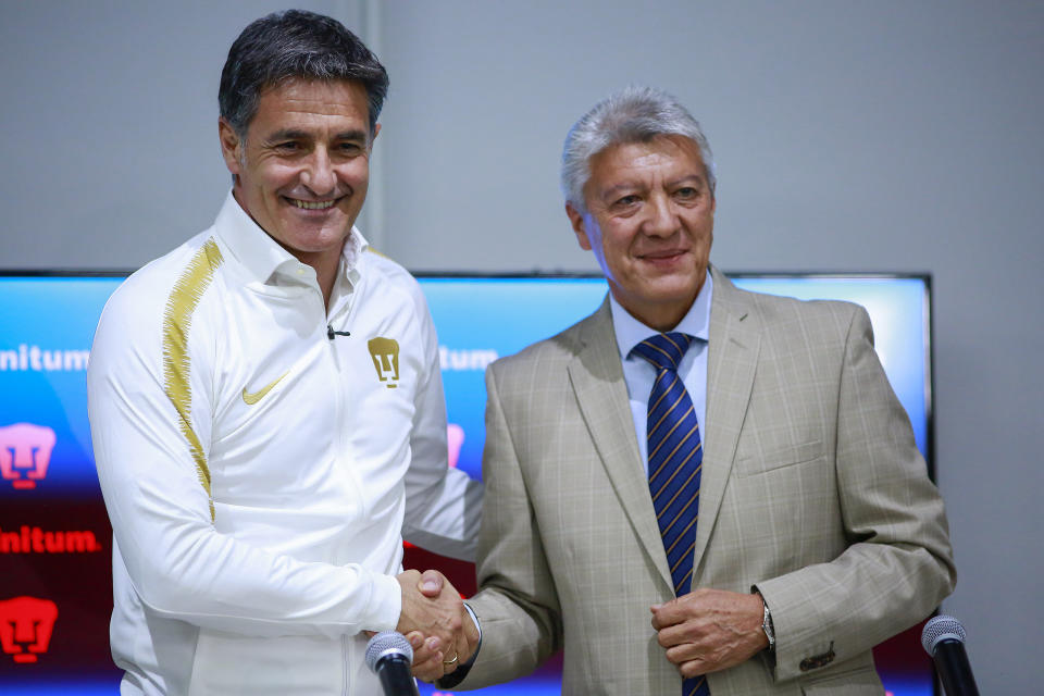 MEXICO CITY, MEXICO - MAY 21: Michel Gonzalez, new coach of Pumas and Jesus Ramirez, sports director of Pumas during the introduction of the new coach of Pumas UNAM at La Cantera on May 21, 2019 in Mexico City, Mexico. (Photo by Mauricio Salas/Jam Media/Getty Images)