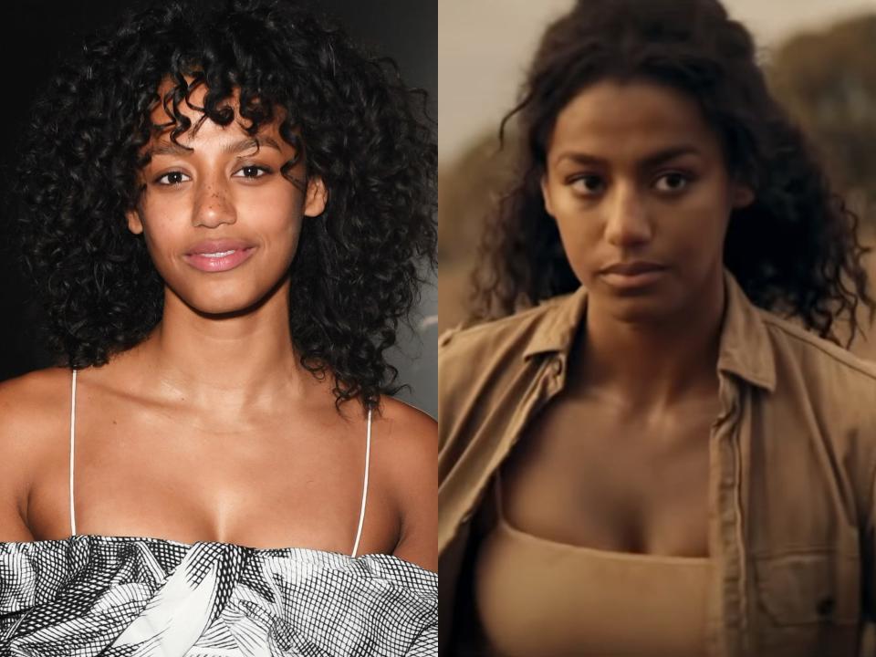 left: shalom brune-franklin wearin ga black and white dress with thin straps, her hair worn curly and loose; right: shalom in the tourist, wearing a tank top, brown jacket, and looking intently, her hair pulled half back