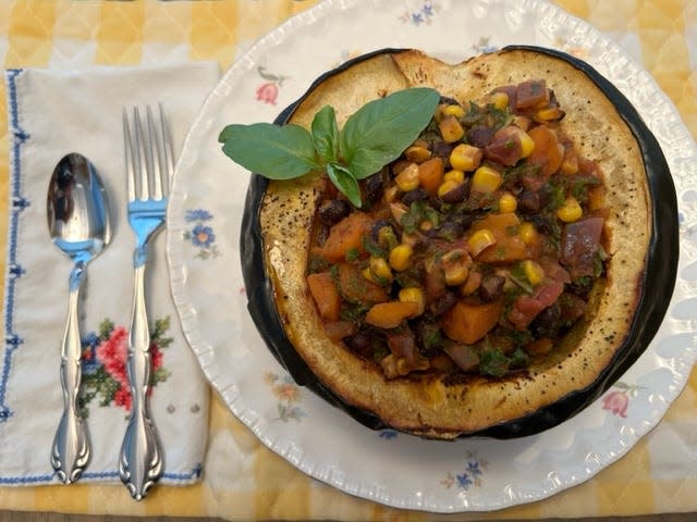 You can start a tradition of turkey pardoning at your holiday table by substituting this simple yet elegant main course which Joyce Marner adapted from the “Fresh Simple Home” website and now call it “Thanksgiving Stuffed Squash.”