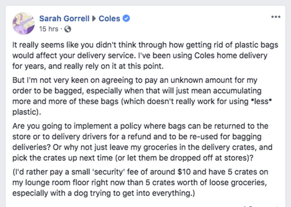 One Coles customer claimed the single-use plastic bag ban is costing shoppers extra, but the supermarket says it’s not the case. ‎Sarah Gorrell‎ Source: Facebook
