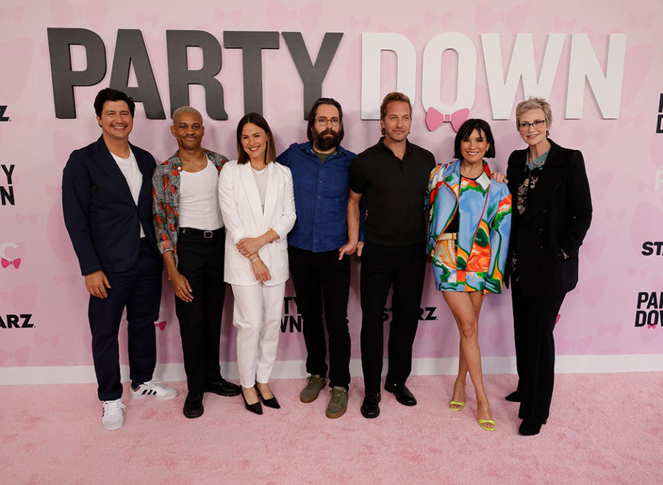 (L-R) Ken Marino, Tyrel Jackson Williams, Jennifer Garner, Martin Starr, Ryan Hansen, Zoe Chao and Jane Lynch attend STARZ's "Party Down" Season 3 FYC Screening Event at Hollywood Athletic Club on June 03, 2023 in Hollywood, California.