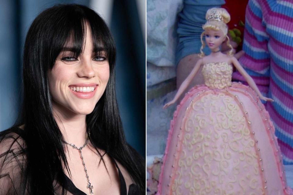 <p>Robert Smith/Patrick McMullan via Getty Images; Billie Eilish Instagram</p> Billie Eilish attends the 2023 <em>Vanity Fair</em> Oscar Party on March 12, 2023, in Beverly Hills, California (L); Barbie cake