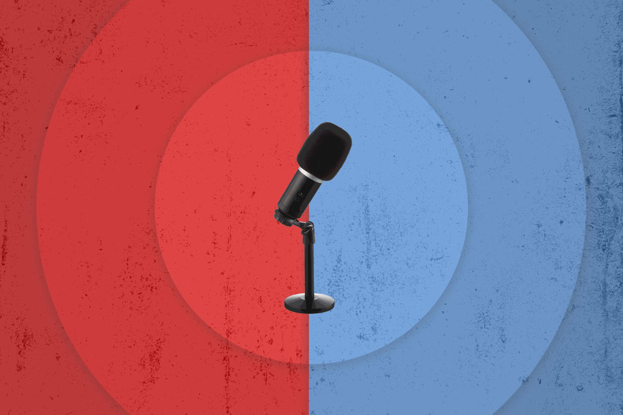 A podcast microphone surrounded by blue and red circles