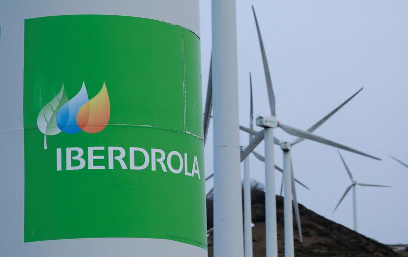 FILE PHOTO: The logo of Spanish utilities company Iberdrola is displayed on wind turbines at Mt. Oiz