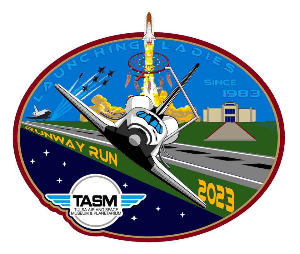 a mission patch with a spacecraft above Earth