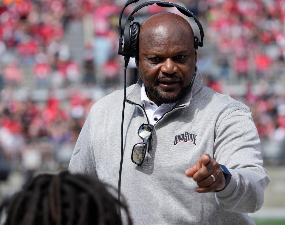 April 15, 2023; Columbus, Ohio, USA; Associate Head Coach/Defensive Line coach Larry Johnson works with the gray team during the first quarter of the Ohio State spring football game Saturday at Ohio Stadium.Mandatory Credit: Barbara J. Perenic/Columbus Dispatch

Ohio State Spring Game Bjp 39