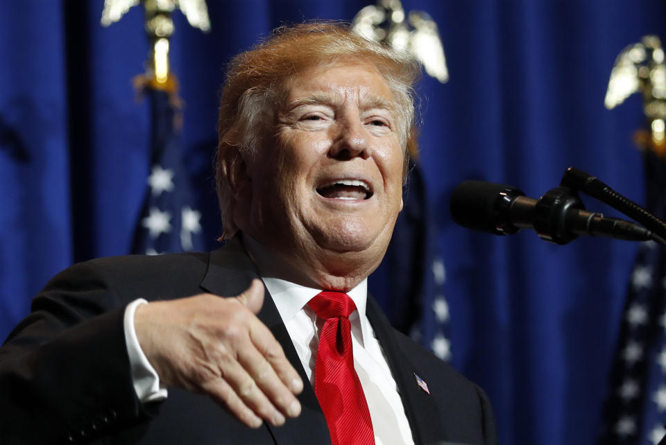 President Donald Trump speaks at the National Association of REALTORS Legislative Meetings and Trade Expo, Friday, May 17, 2019, in Washington. (AP Photo/Alex Brandon)