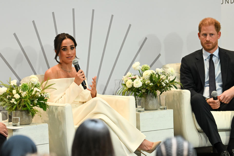 Meghan, Duchess of Sussex and Prince Harry, Duke of Sussex speak onstage at The Archewell Foundation Parentsâ€™ Summit: Mental Wellness in the Digital Age during Project Healthy Minds' World Mental Health Day Festival 2023 at Hudson Yards on October 10, 2023 in New York City