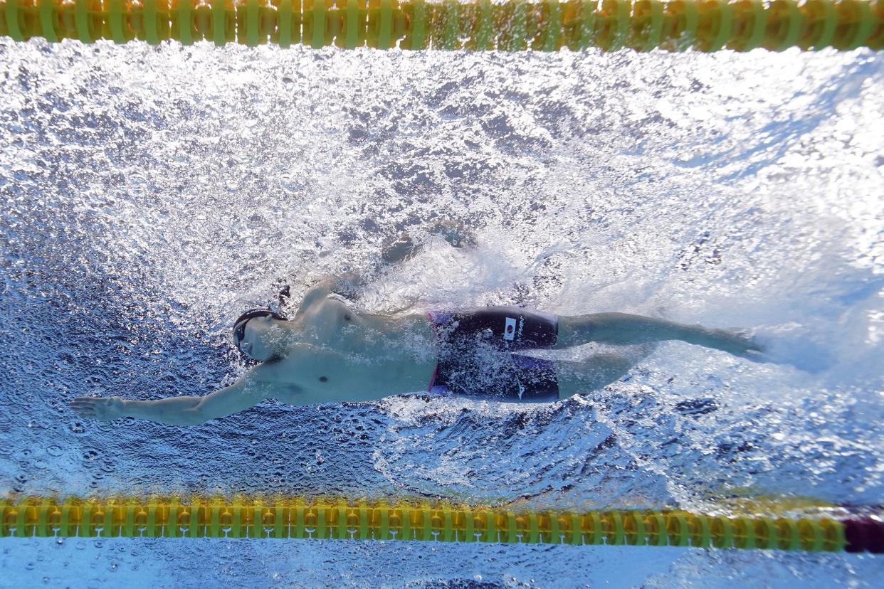 Japan's Katsuhiro Matsumoto competes in a 200-meter freestyle heat at the 2020 Summer Olympics, Sunday, July 25, 2021, in Tokyo.
