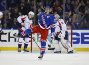 <p>Ryan McDonagh (27) of the New York Rangers celebrates his goal at 7:49 of the first period against the Washington Capitals at Madison Square Garden on Feb. 19, 2017 in New York City. (Photo: Bruce Bennett/Getty Images) </p>