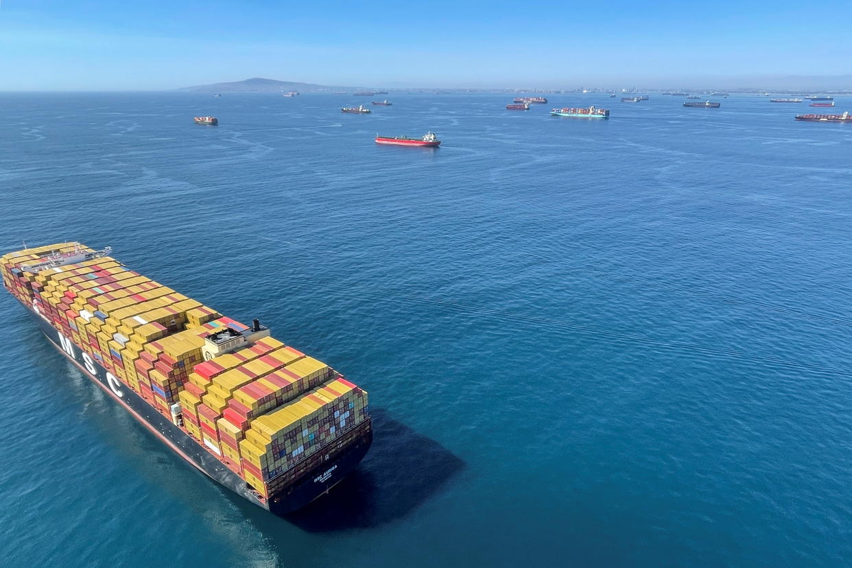 Container ships wait off the coast of the congested Ports of Los Angeles and Long Beach in Long Beach, California, U.S., October 1, 2021.      REUTERS/ Alan Devall