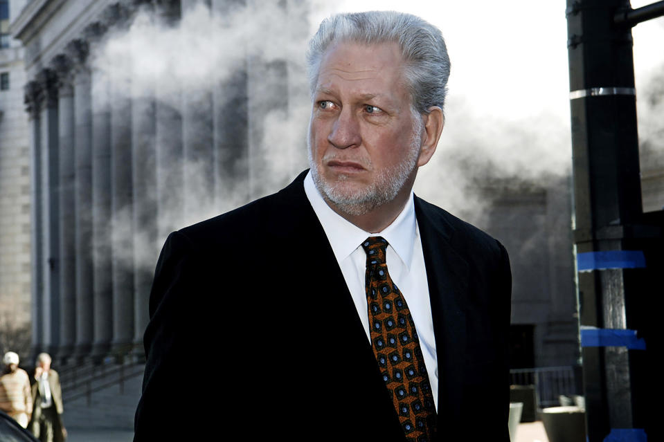 FILE - In this Jan. 30, 2006, file photo, former Worldcom CEO Bernard Ebbers exits Manhattan federal court in New York. Ebbers died Sunday, Feb. 2, 2020, according to a family statement cited by WAPT-TV in Mississippi. (AP Photo/ Louis Lanzano, File)