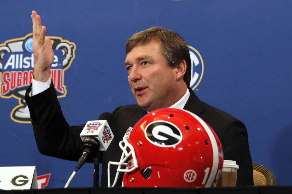 FILE - Georgia head coach Kirby Smart talks to reporters during a Sugar Bowl NCAA college news conference in New Orleans, in this Tuesday, Dec. 31, 2019, file photo. The National signing day period begins Wednesday, Feb. 3, 2021.(AP Photo/Gerald Herbert, File)