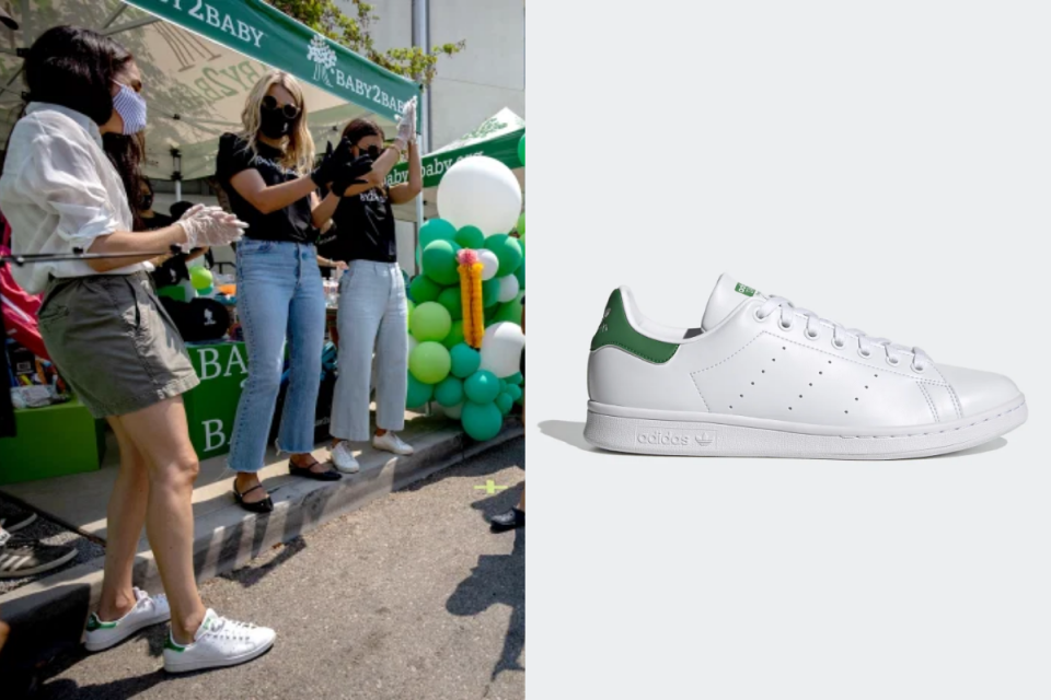 Meghan Markle wears Stan Smith sneakers while volunteering in Los Angeles. Images via Baby2Baby, Adidas.