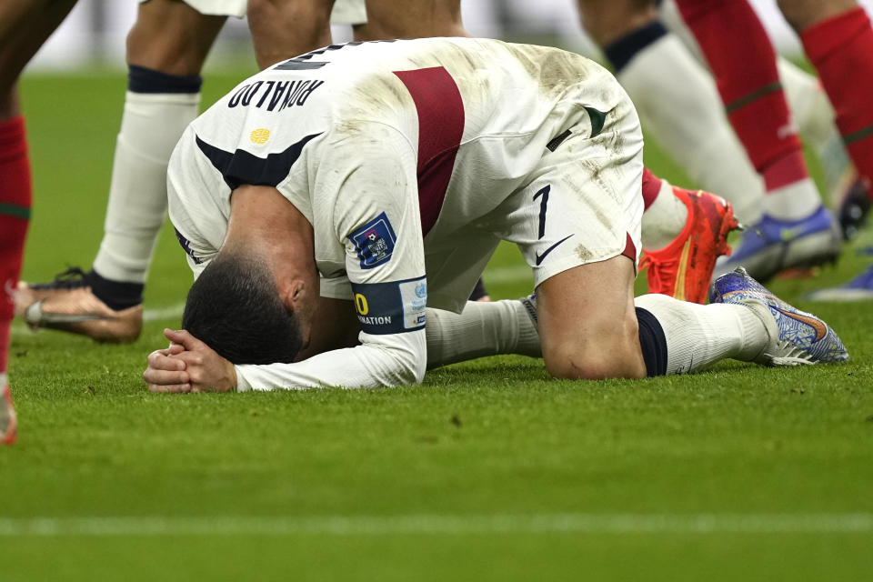 Portugal's Cristiano Ronaldo reacts after missing an opportunity to score during the World Cup quarterfinal soccer match between Morocco and Portugal, at Al Thumama Stadium in Doha, Qatar, Saturday, Dec. 10, 2022. (AP Photo/Martin Meissner)