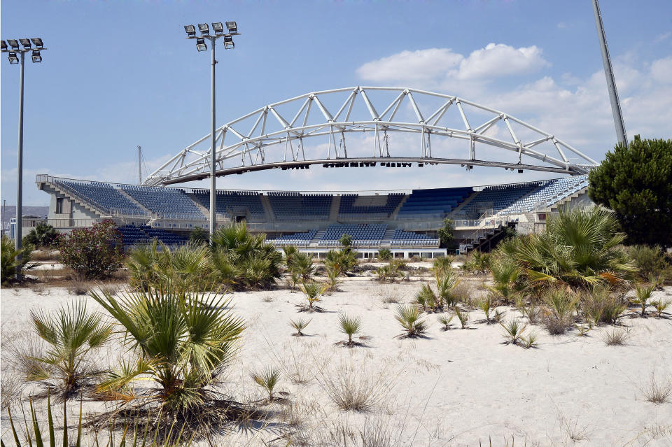 ATHENS, GREECE - JULY 31: General view of the Beach Volleyball Olympic Stadium at Faliro Olympic Complex in Athens, Greece on July 31, 2014. Ten years ago the XXVIII Olympiad was held in Athens from the 13th - 29th August with the motto 