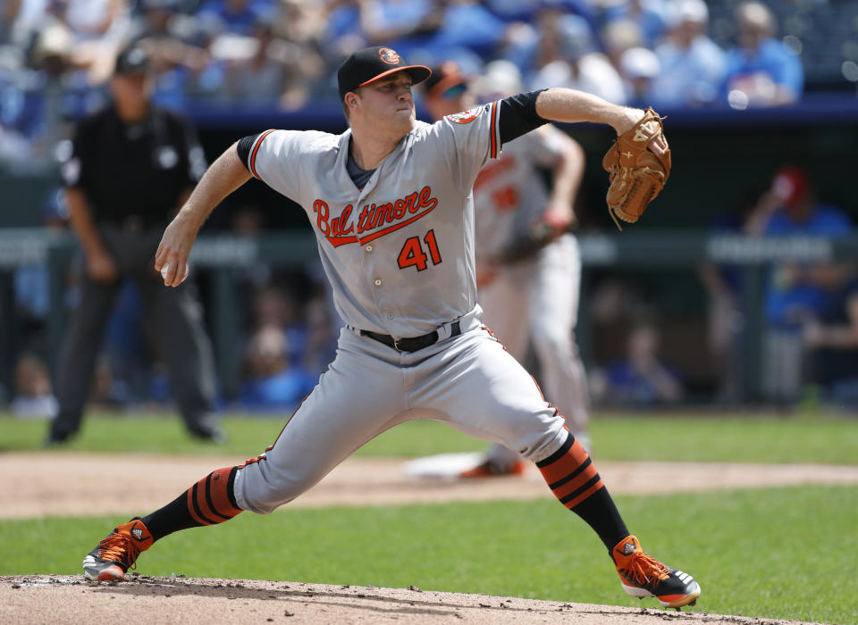 Baltimore Orioles pitcher David Hess throws to a Kansas City Royals batter in the first inning of a baseball game at Kauffman Stadium in Kansas City, Mo., Sunday, Sept. 2, 2018. (AP Photo/Colin E. Braley)