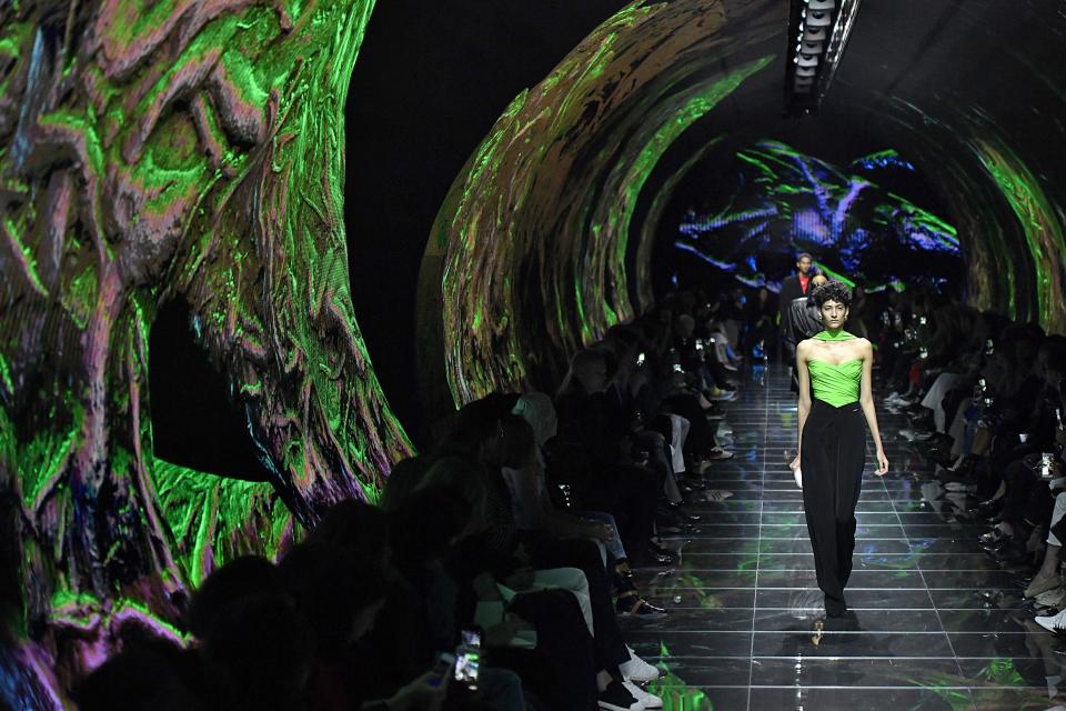 A model walks through Jon Rafman’s tunnel at the Spring 2019 Balenciaga show.