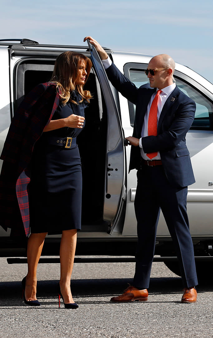 christian louboutin heels, so kate pumps, las vegas, First lady Melania Trump steps out of a vehicle before boarding an aircraft at McCarran International Airport in Paradise, Nev., after participating in a town hall on the opioid epidemic in Las Vegas, during a two-day, three-state swing to promote her Be Best campaignMelania Trump, Paradise, USA - 05 Mar 2019