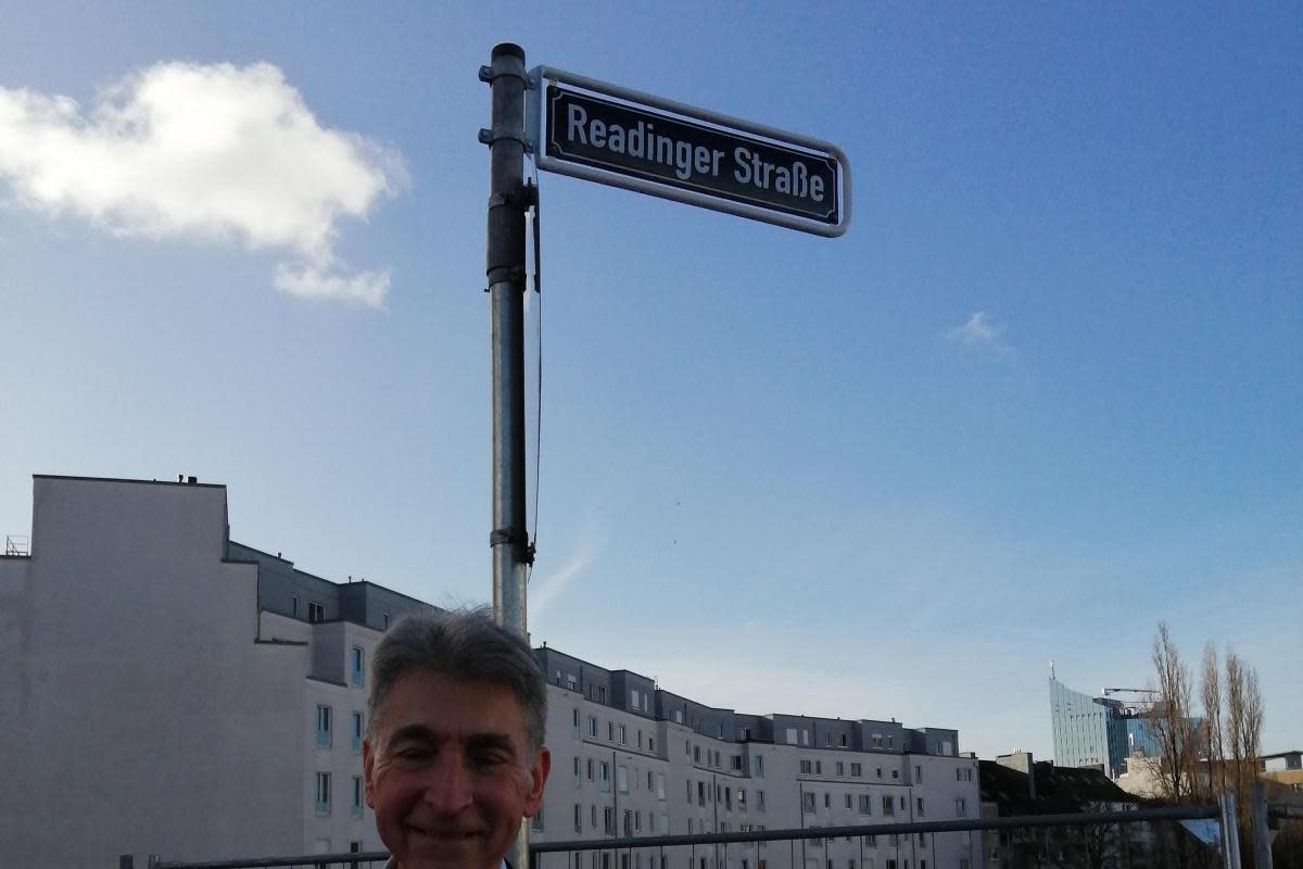 Councillor Tony Page, the Mayor of Reading, next to the newly named Readinger Strasse in Dusseldorf, Germany. Credit: The Mayor of Reading <i>(Image: The Mayor of Reading)</i>