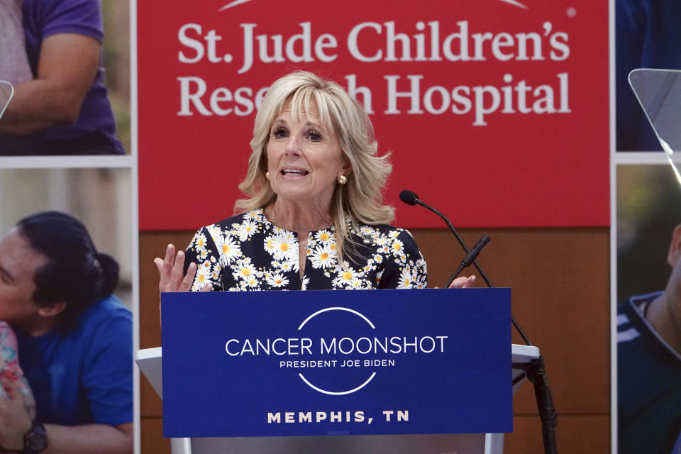 First lady Jill Biden speaks as she visits the St. Jude Children's Research Hospital, Friday, March 25, 2022, in Memphis, Tenn. (AP Photo/Karen Pulfer Focht)