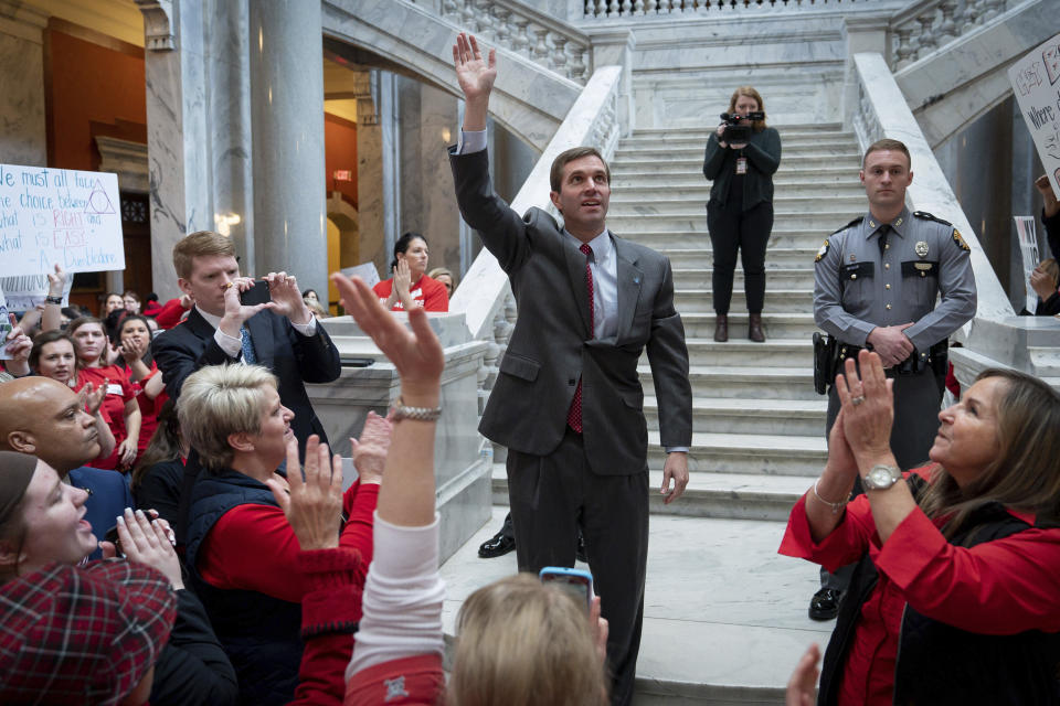 Kentucky Attorney General Andy Beshear addresses teachers protesting Bevin's proposed pension cuts in March. (Photo: ASSOCIATED PRESS/Bryan Woolston)