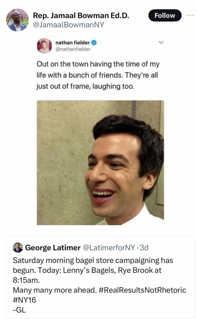 Rep. Jamaal Bowman mocked his Democratic primary rival George Latimer in a since-deleted tweet. Twitter/@JamaalBowmanNY