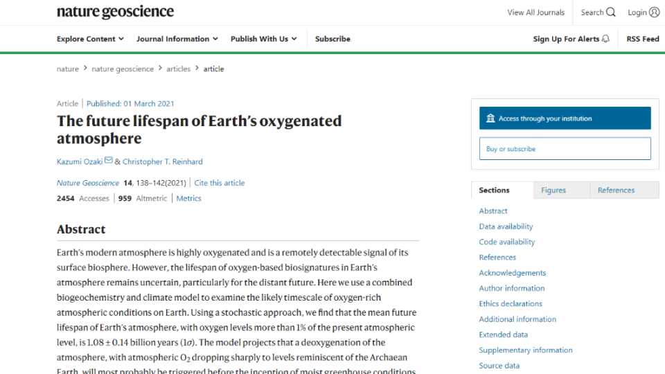 研究報告指出二氧化碳、氧氣將消失殆盡。（圖／翻攝自Nature Geoscience）