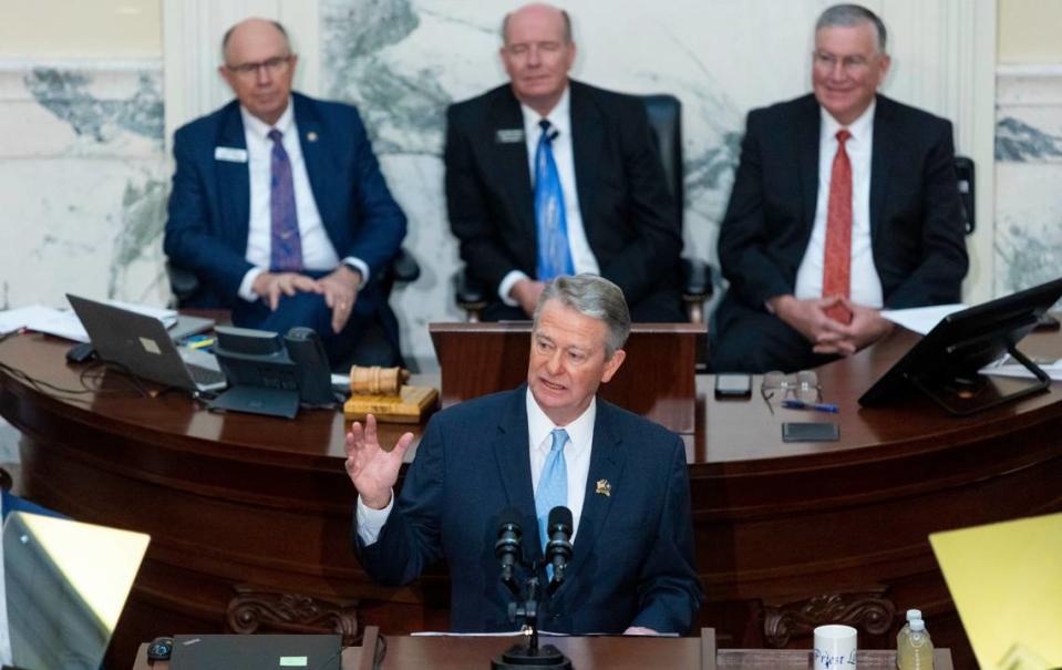 Idaho Gov. Brad Little claps delivers his 2023 State of the State address held at the Idaho State Capitol, Monday, Jan. 9, 2023, in Boise, Idaho. Gov. Brad Little on Monday vetoed a bill that would provide at least $200 million in property tax relief.