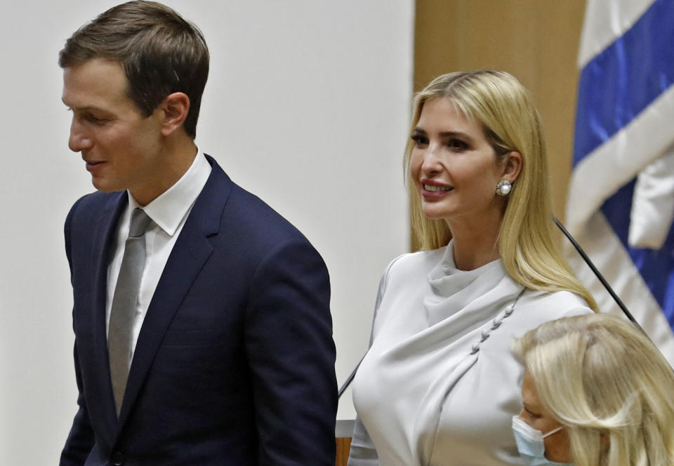 (L to R) US businessman and former Trump-administration presidential advisor Jared Kushner and Daughter and Senior Advisor to the former US President Ivanka Trump arrive for the inaugural event of the Abraham Accords Caucus, at the Knesset (Israel's parliament) in Jerusalem on October 11, 2021. (Photo by Ahmad GHARABLI / AFP) (Photo by AHMAD GHARABLI/AFP via Getty Images)