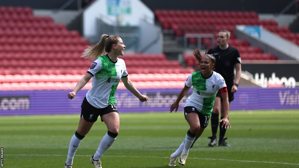 Marie Hobinger celebrates after scoring against Bristol City