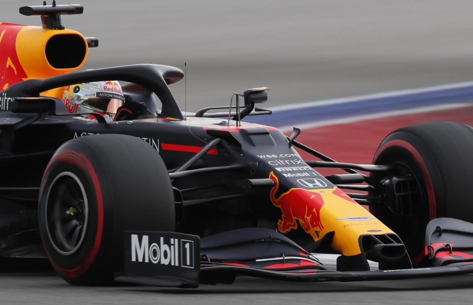 Red Bull driver Max Verstappen of the Netherlands steers his car during the qualifying session for the upcoming Russian Formula One Grand Prix, at the Sochi Autodrom circuit, in Sochi, Russia, Saturday, Sept. 26, 2020. The Russian Formula One Grand Prix will take place on Sunday. (Yuri Kochetkov, Pool Photo via AP)