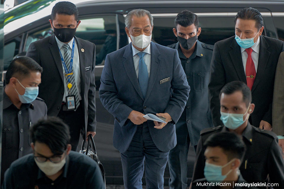 Prime Minister Muhyiddin Yassin, who attempted to cultivate a paternal persona during the MCO, seen here arriving for a political meeting on Sept 1, 2020. <p><br></p>