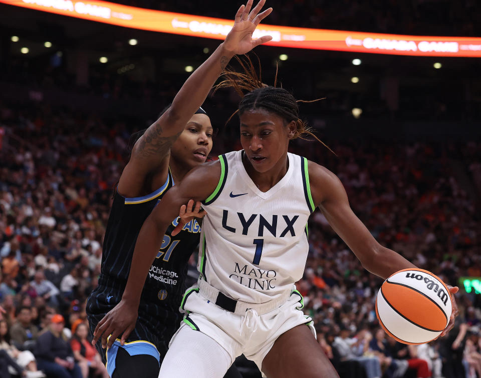 Minnesota Lynx forward Diamond Miller tries to get past Chicago Sky forward Robyn Parks in a preseason game at Scotiabank Arena in Toronto on May 13, 2023. (Steve Russell/Toronto Star via Getty Images)