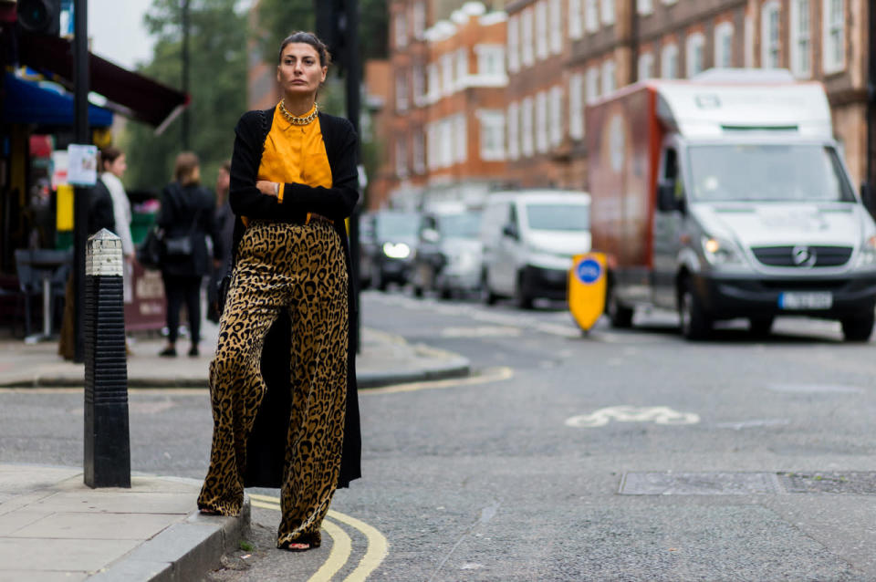 Giovanna Battaglia proves that a little — or, in the case of these perfectly slouchy trousers, a lot — of leopard goes a long way.