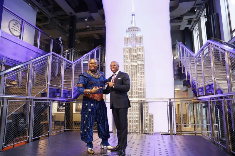 Original cast member from the Broadway Show Aladdin Michael James Scott and New York City Mayor Eric Adams visit The Empire State Building helping to promote NYC Winter Outing when he visits the top of the Empire State Building in 2022. File Photo by John Angelillo/UPI