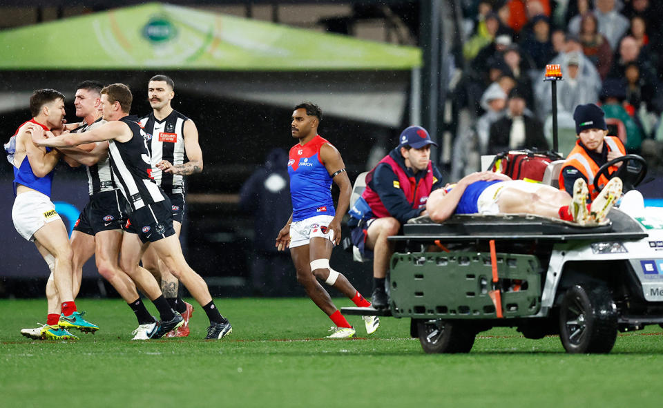 Brayden Maynard, pictured here after knocking out Angus Brayshaw in Collingwood's win over Melbourne.