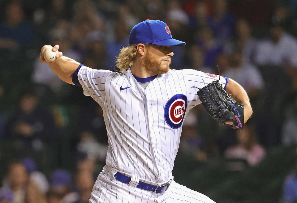 CHICAGO, ILLINOIS - JULY 07: Craig Kimbrel #46 of the Chicago Cubs pitches the 9th inning against the Philadelphia Phillies at Wrigley Field on July 07, 2021 in Chicago, Illinois. The Cubs defeated the Phillies 8-3. (Photo by Jonathan Daniel/Getty Images)