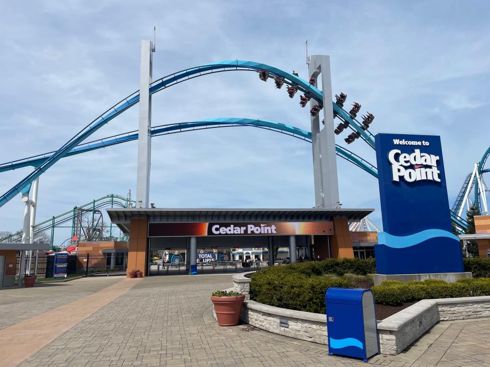 Roller coaster enthusiasts ride Cedar Point’s Gatekeeper before the total eclipse on April 8, 2024. This marks the earliest the amusement park in Sandusky, Ohio, has ever opened in its 150-plus year history.