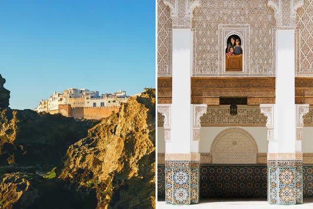 <p>Alex Crétey Systermans</p> From left: The old fortified city of Essaouira, on the coast of Morocco; a family enjoys an architectural lesson at Ben Youssef Madrasa, an Islamic college in Marrakesh.